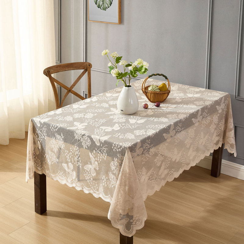 August Grove® Dearia Floral Lace Fabric Tablecloth, Lace Fabric Table Cloth for Rectangle Tables, Wrinkle Resistant Tablecloth, Patterned Scalloped Tablecloth