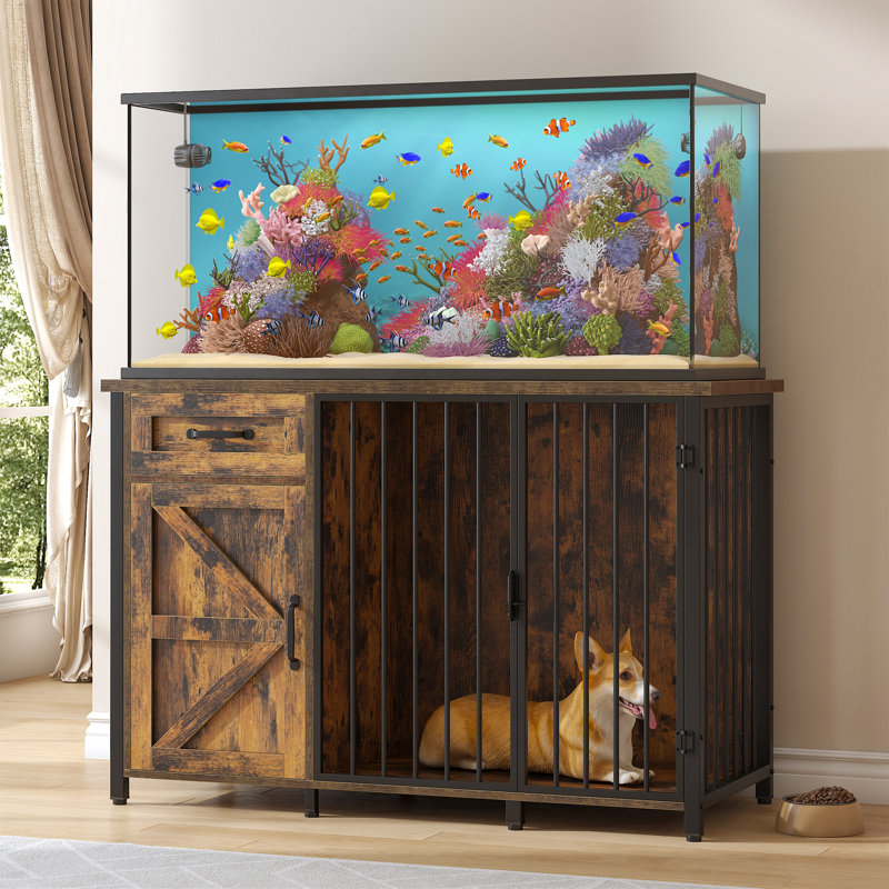 Support pour aquarium Kepptory de 55 à 75 gallons avec cage pour chien, support d'aquarium multifonctionnel avec armoire et prises de courant pour les grands aquariums et une utilisation polyvalente (brun)