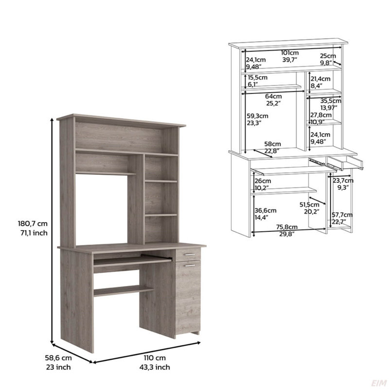 Compu 180 Hutch Desk, Multiple Shelves, Retractable Keyboard Tray, CPU Door Panel, One Drawer, Light Gray