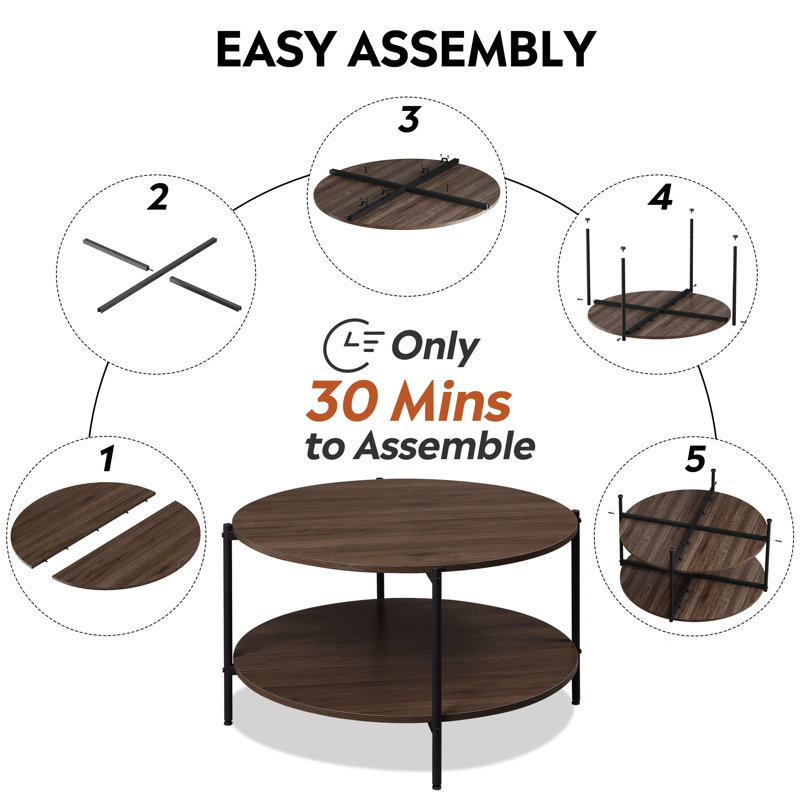Wynny Round Wood Coffee Table with Storage, Coffee Table for Living Room , Brown Walnut