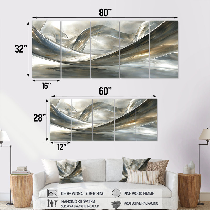 Diamant, ruisseaux argentés - Vagues, art mural pour le salon, 5 pièces, H 32 po x l 80 po