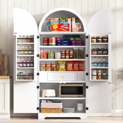 72" Arched Fluted Pantry Cabinet With Hidden Drawer & Adjustable Shelves by Lark Manor