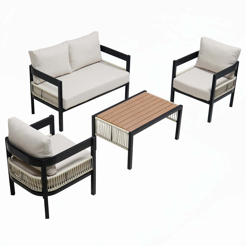 Outdoor Iron Sofa Set with Waterproof Rattan and Sturdy Construction for Gardens, Beige