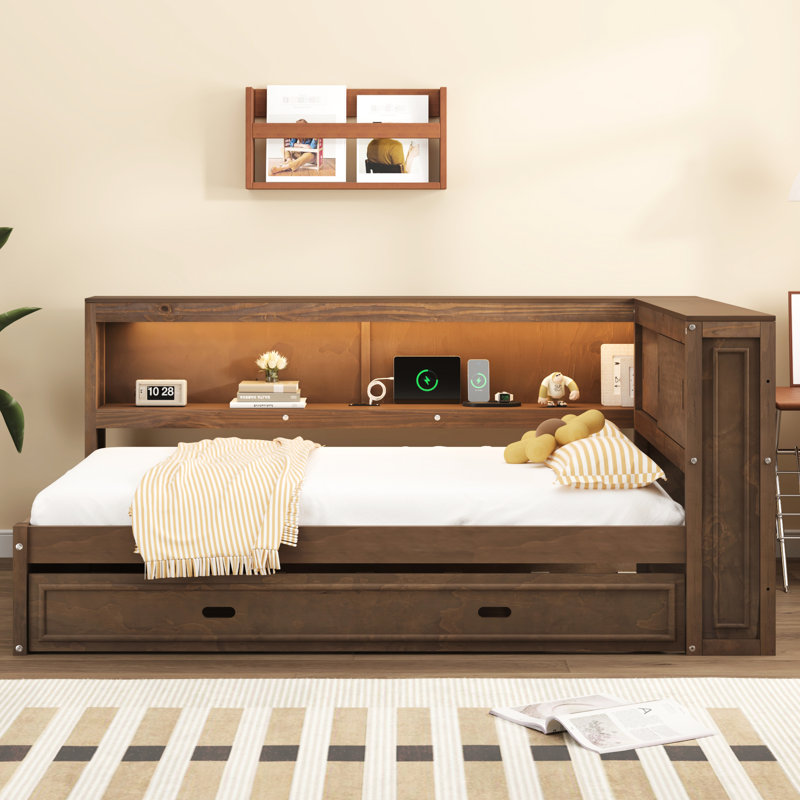 Daybed With Ample Cabinet Storage, Trundle, , And Led In Antique Tone Full Convenient Led, Trundle - Wood, Wood