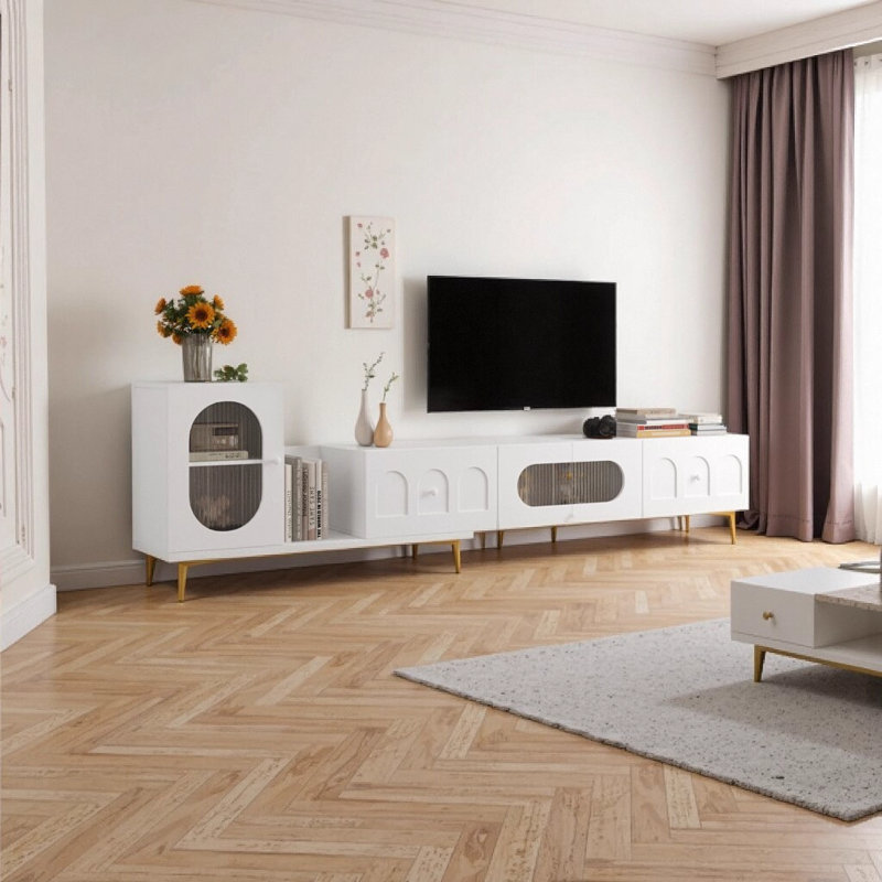 Extendable TV Stand with Cabinet, White