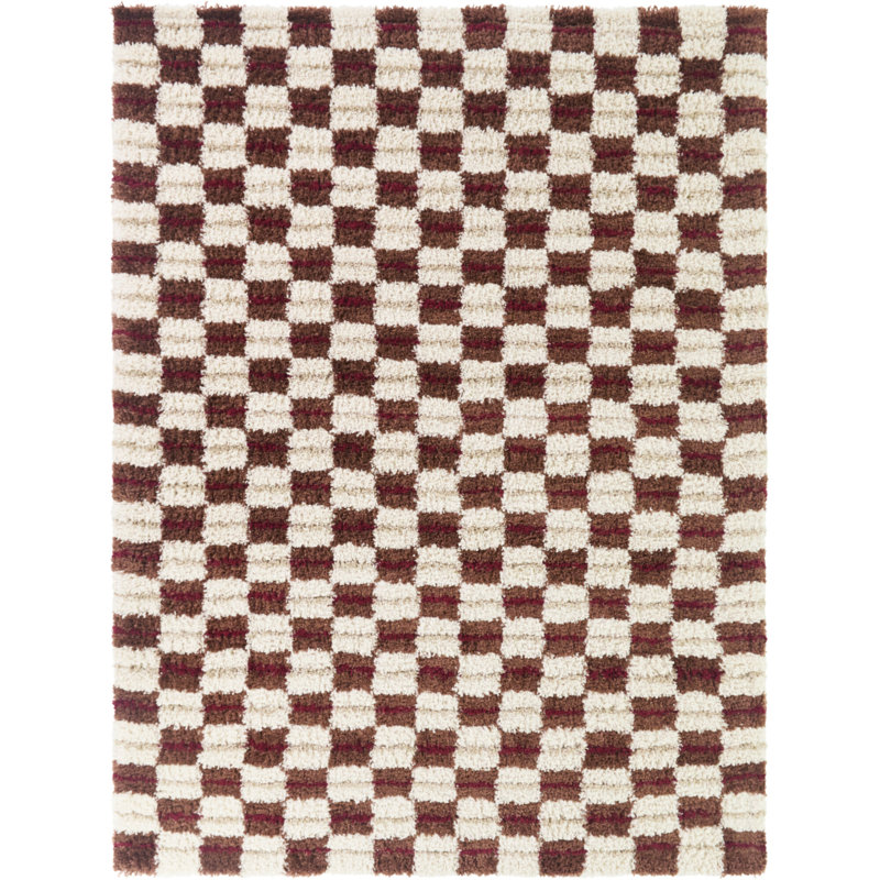Uribe Rust Modern Checkered Shag Area Rug, Rectangle 5'3" x 7'