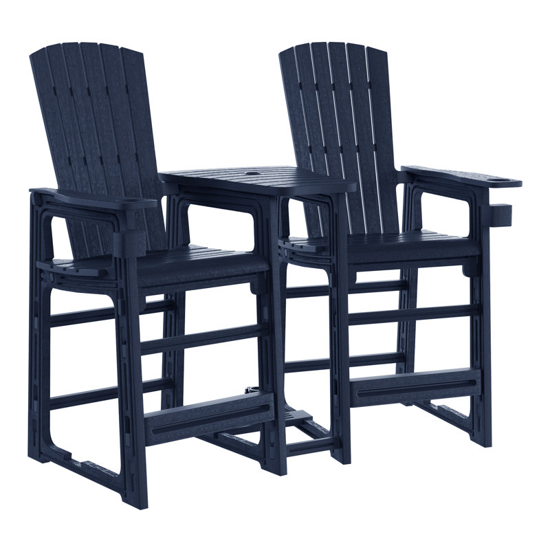 Ensemble de chaises de bar d'extérieur en poly avec plateau de connexion et porte-gobelet, Bleu