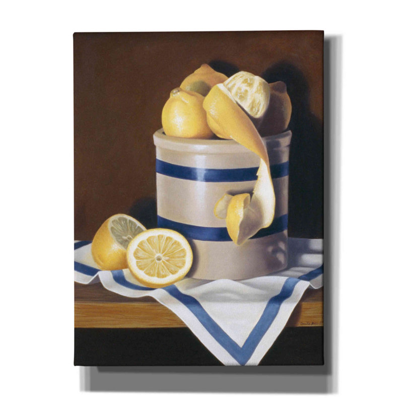 «Blue Stripes Lemons On Canvas» par Cecile Baird, reproduction, H 16 po x l 12 po x P 0,75 po