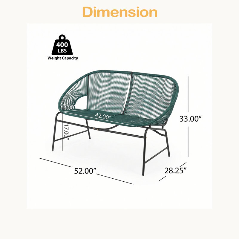OUTDOOR PATIO WICKER LOVE SEAT, PE RATTAN & IRON FRAME, SET OF 1, Teal