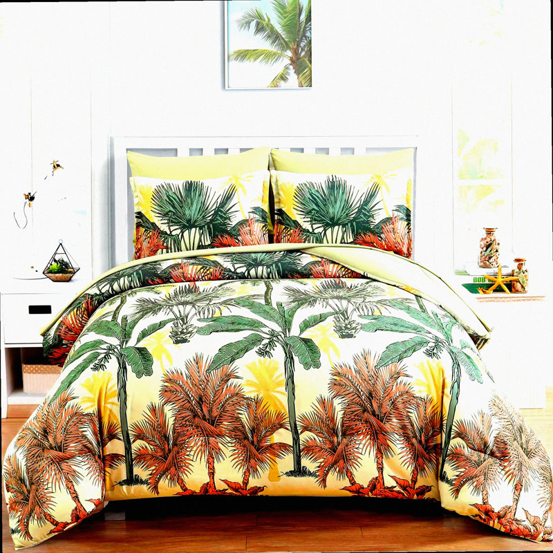 Tropical Oasis 7-Piece Botanical Bedding Set - Green Palm Tree Comforter, Soft Microfiber Sheets, Reversible Design, Pillow Shams & Cases - All-in-One Bed in a Bag