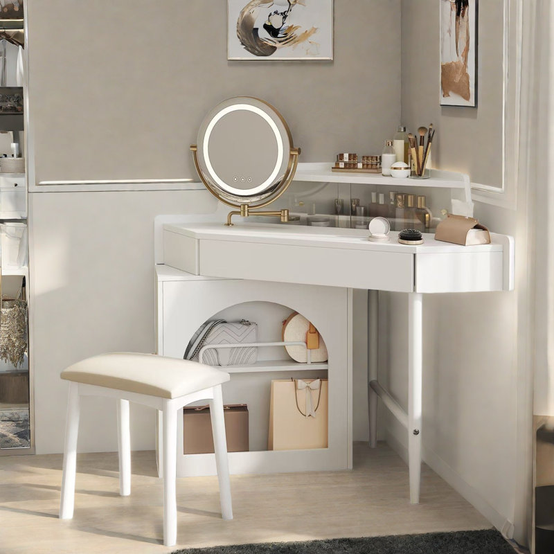 Corner Makeup Vanity Desk With Adjustable Folding Mirror, 3-color Led Lighting, Adequate Storage And Stool