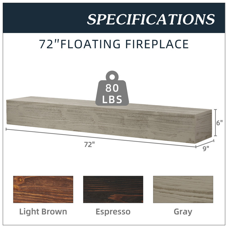 Rustic Wood Fireplace Mantel,Wall-Mounted & Floating Shelf For Home Decor, Gray, 6" H x 72" W x 9" D
