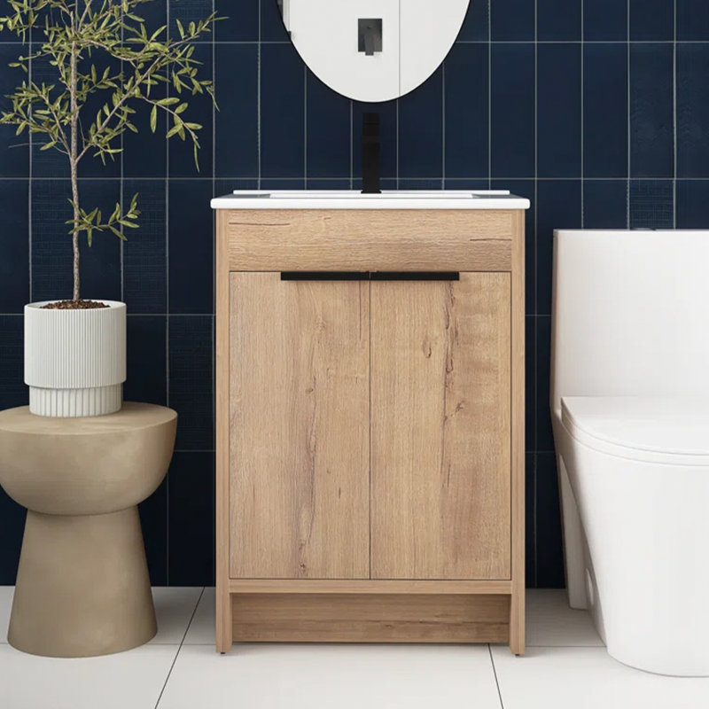 Meuble-lavabo simple autoportant 24 po avec plateau en céramique 24 po, Imitation chêne