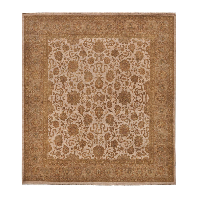 Ivory and Brown Hand-Knotted Wool Floral Area Rug