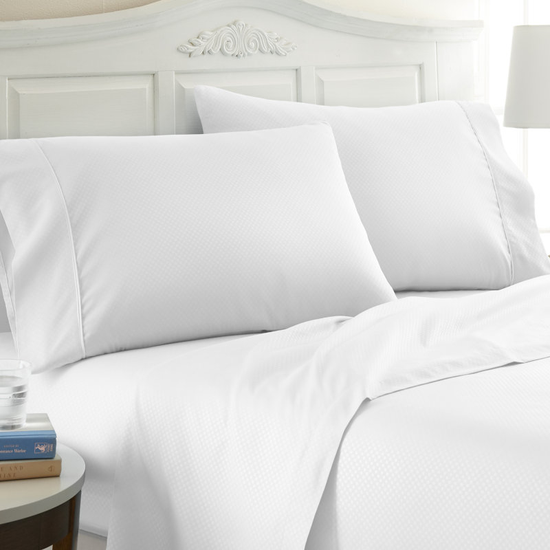 Becky Cameron Checkered Embossed Bed Sheet Set, White, King Sheet Set + 1 Fitted Sheet + 2 Pillowcases