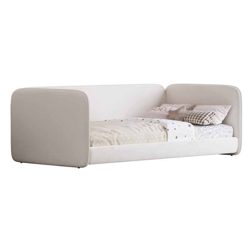 Twin Size Montessori Floor Bed with Upholstered Headboard & Armrests, Velvet Low Platform Bed Frame, Kids Floor Bed, Beige