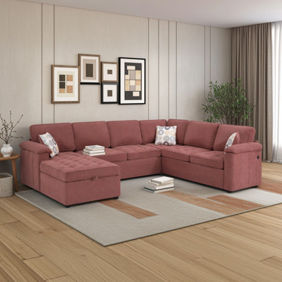 5-Seat Chenille U-Shaped Sectional Sofa with Storage Chaise, USB Ports, Tufted Cushions, Pillow Top Arms and 3 Throw Pillows for Living Room