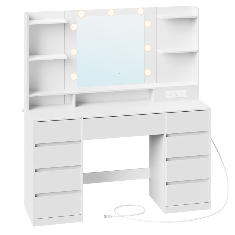 Makeup Table With Charging Station, Vanity Desk With Lighted Mirror And 9 Drawers, Tool-Free Rail Assembly