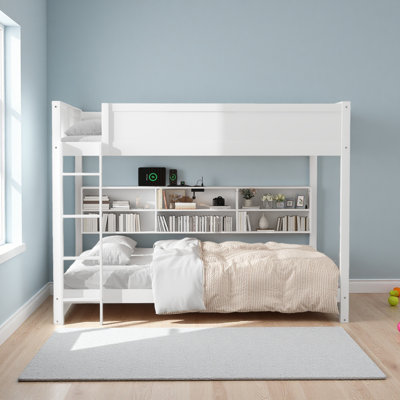 Lit superposé grand sur grand avec armoires de rangement et ports USB