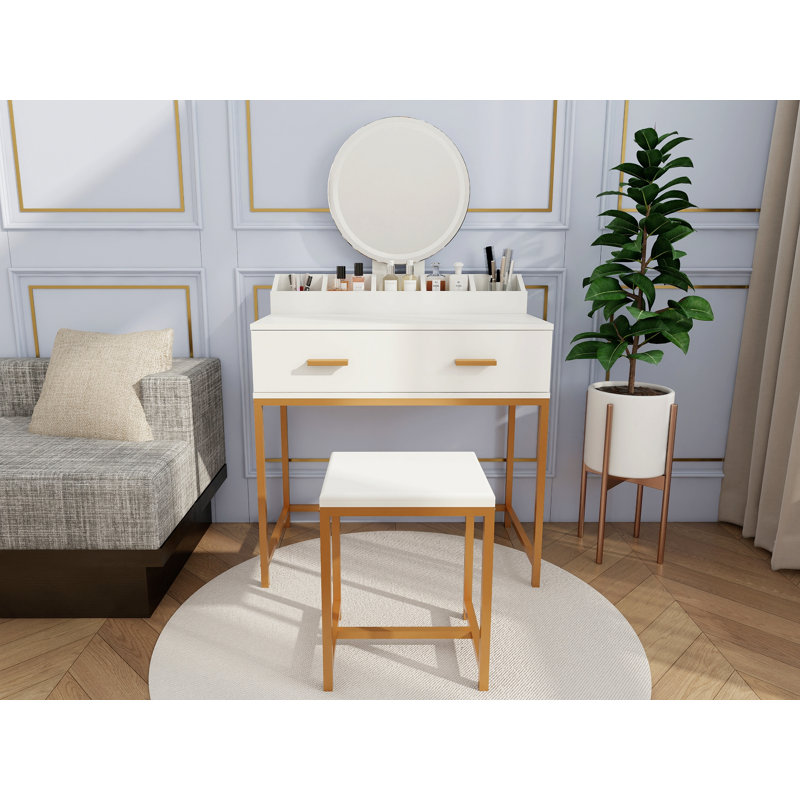 Ensemble de coiffeuse avec miroir et tabouret - coiffeuse de maquillage avec tiroirs de rangement et organisateur, blanc et doré, conception peu encombrante pour les petites chambres