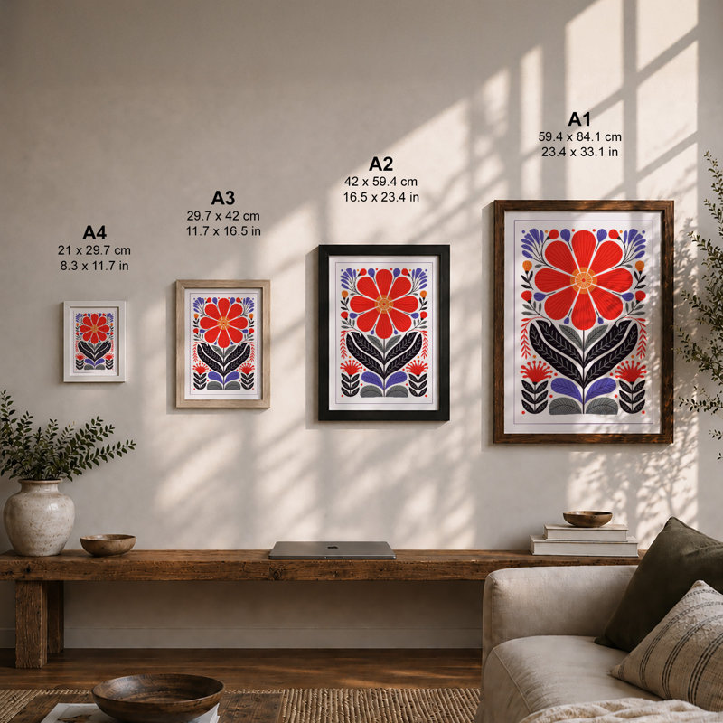 Folk Flower Symmetry Botanical - Framed Print, A3 - 42.0 x 29.7 cm, Unframed