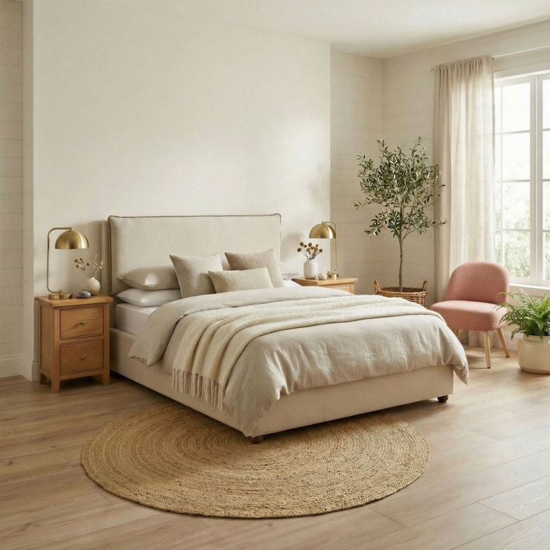Roselane Upholstered Fabric Ottoman Bed Frame - Pillow Headboard Design        , Cream Fabric, Double