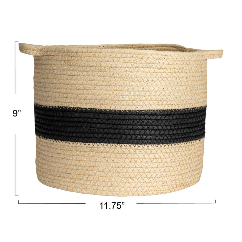 Natural Handwoven Paper Rope Basket with Black Stripe and Handles