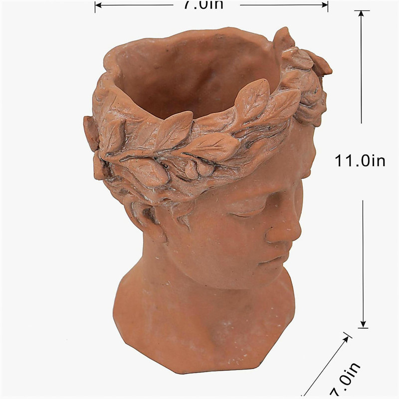 D7x11" Visage Head Bust Planter, Brown, 10.6" H x 7.3" W x 6.9" D