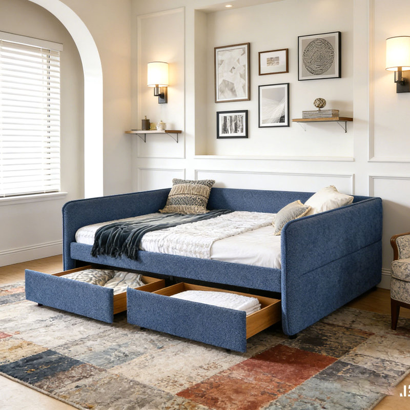 Boucle Fabric Daybed, Queen, Blue-2 Drawers