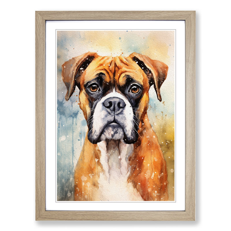 Boxer Dog Impressionism - Single Picture Frame Print on Wood, 46cm H x 34cm W x 2cm D, Oak