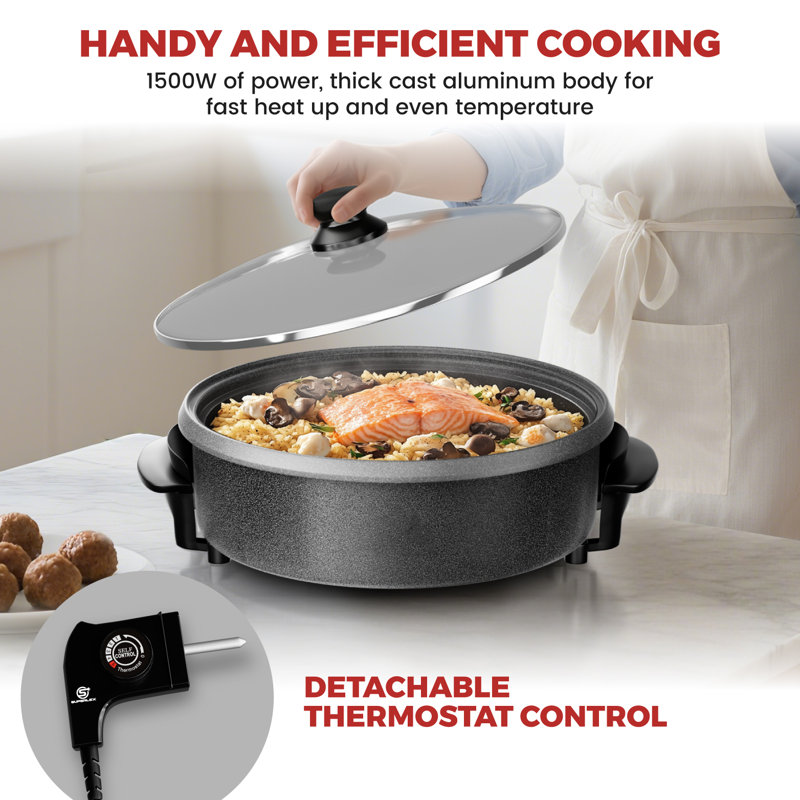 SUPERLEX Electric Frying Pan, 1500W Non-Stick Electric Skillet 30cm | Tempered Glass Lid, Detachable Thermostat, Adjustable Temperature Control, Steel Base, 7cm Deep Pan
