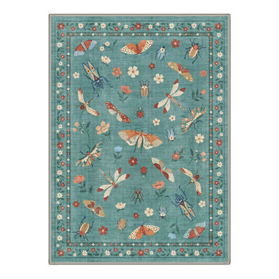 Vintage Butterfly Botanical Blue Machine Washable Non Slip Area Rug for Living Room Bedroom