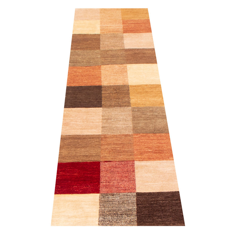 Tapis de couloir orange / jaune / rouge en laine noué à la main 2 pi 7 po x 10 pi 3 po Patchwork