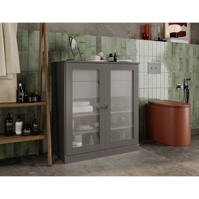 100% Solid Wood 32" Bathroom Cabinet with Frosted Glass Doors, 2-Drawers and Adjustable Shelves, Gray