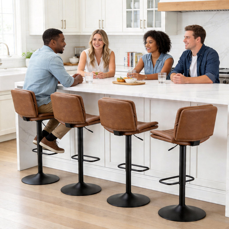 Double-Layer Upholstered Swivel Adjustable Height Bar Stool (Set of 4), Whiskey Brown, 4