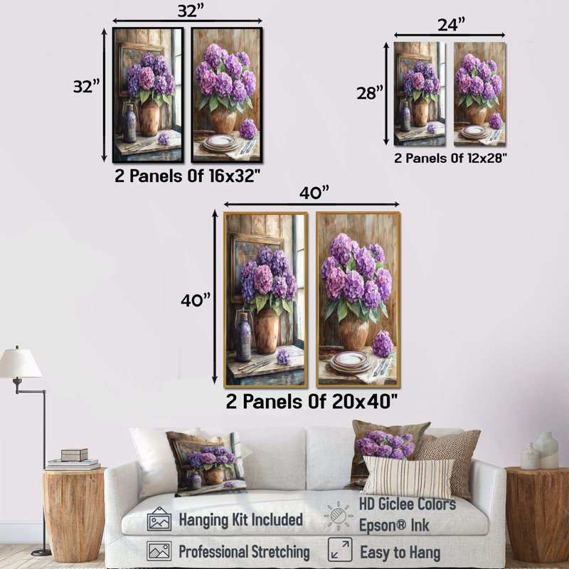 Hydrangeas Bouquet On The Farm Table I - Floral Wall Art, 2 pièces, H 28 po x l 25 po, Toile tendue