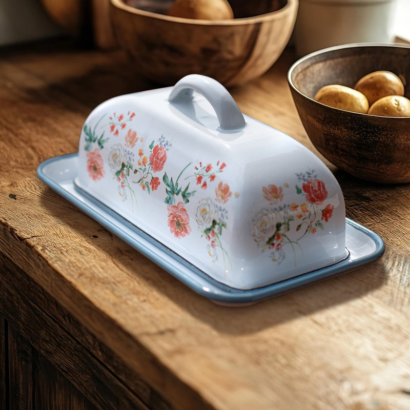 Contenant à beurre en forme de beurre, contenant à beurre en émail de ferme rétro avec motifs floraux pour le comptoir de cuisine