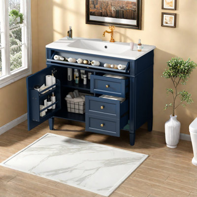 Élégant ensemble de meuble-lavabo et lavabo en bois bleu 36 po, solution de rangement moderne