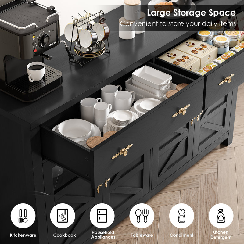 Black and Gold 55'' Farmhouse Sideboard with Glass Doors