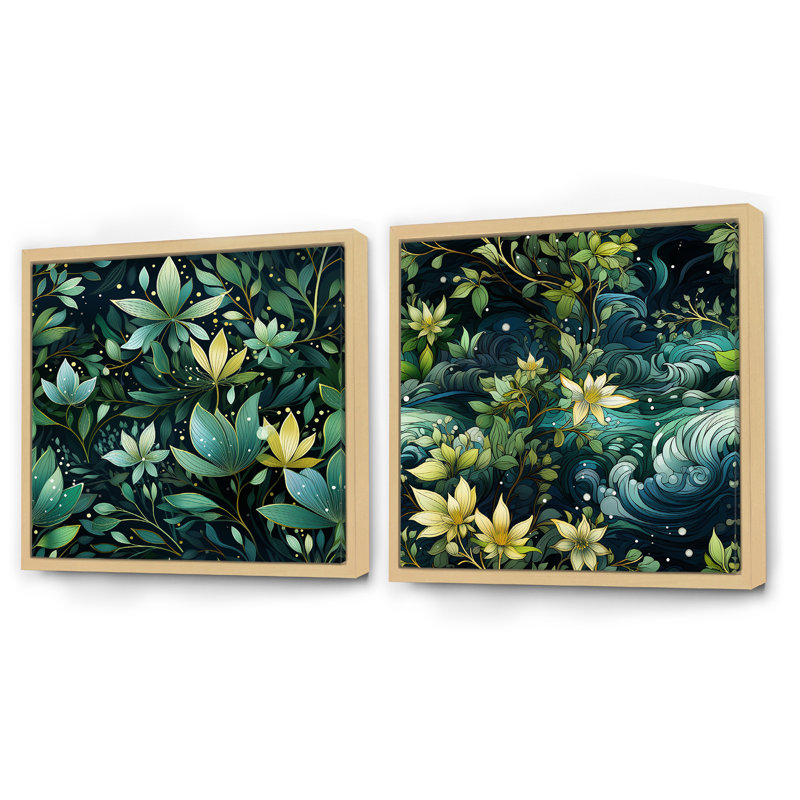 Natures Meditation Mediation - Ensemble de 2 collages carrés botaniques abstraits, Cadre flottant brun, H 16 po x l 33 po