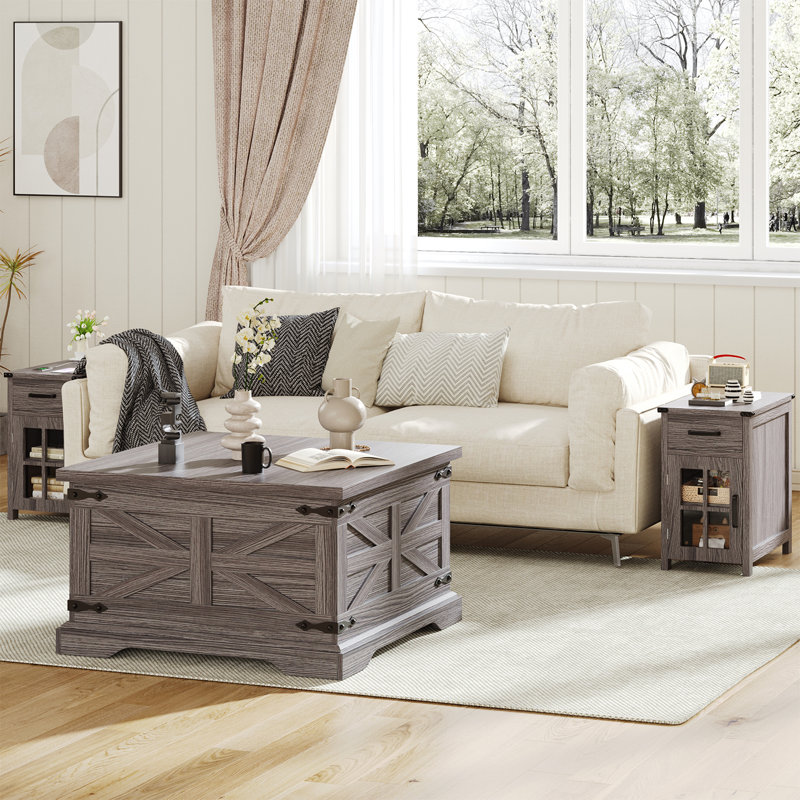 Farmhouse Coffee Table, Square Wood Center Table with Storage and Lift Top, Metal Corners for Living Room,, Gray