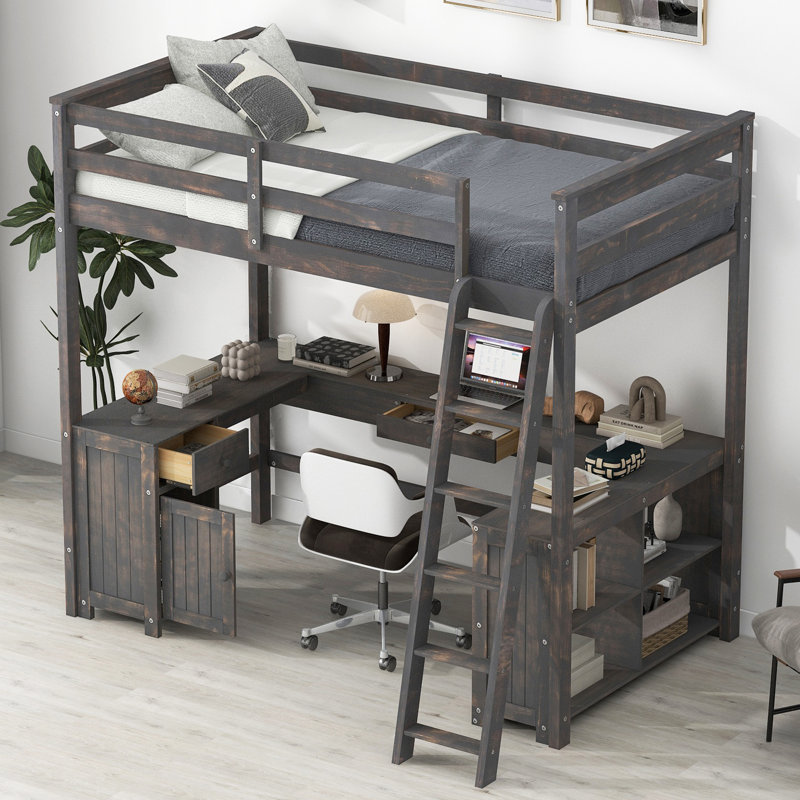 Lit mezzanine double avec U-bureau et tablettes de rangement pour les petites pièces, Brun