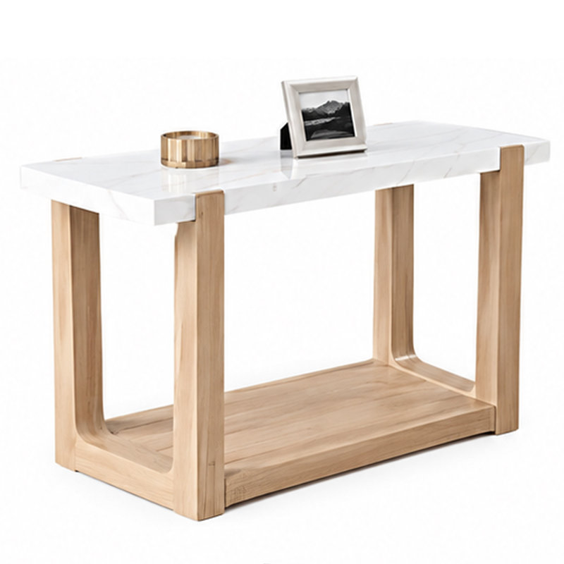 Console de canapé Sane, plateau en faux marbre blanc de 50 po avec tablette, brun, White / Natural Brown, Natural Brown