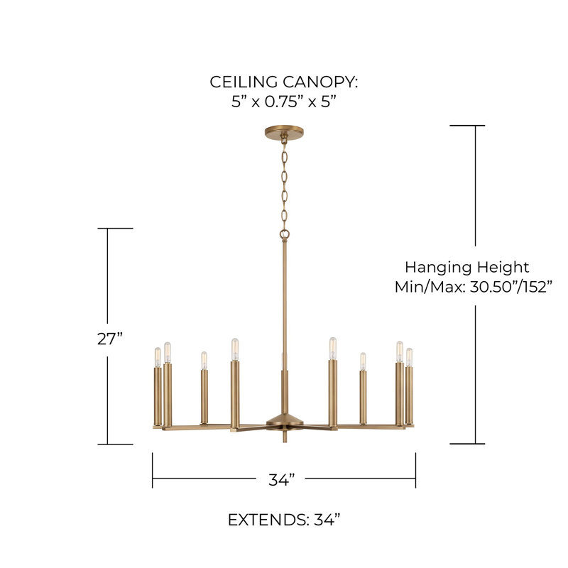 9 - Light Dimmable Modern Linear Chandelier, Aged Brass