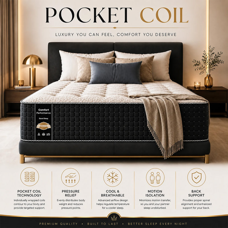 Mykel 14-Inch Luxury Foam Encased Mattress, Pocket Coil Springs for Motion Isolation, Queen, No Box Spring, Medium Firm
