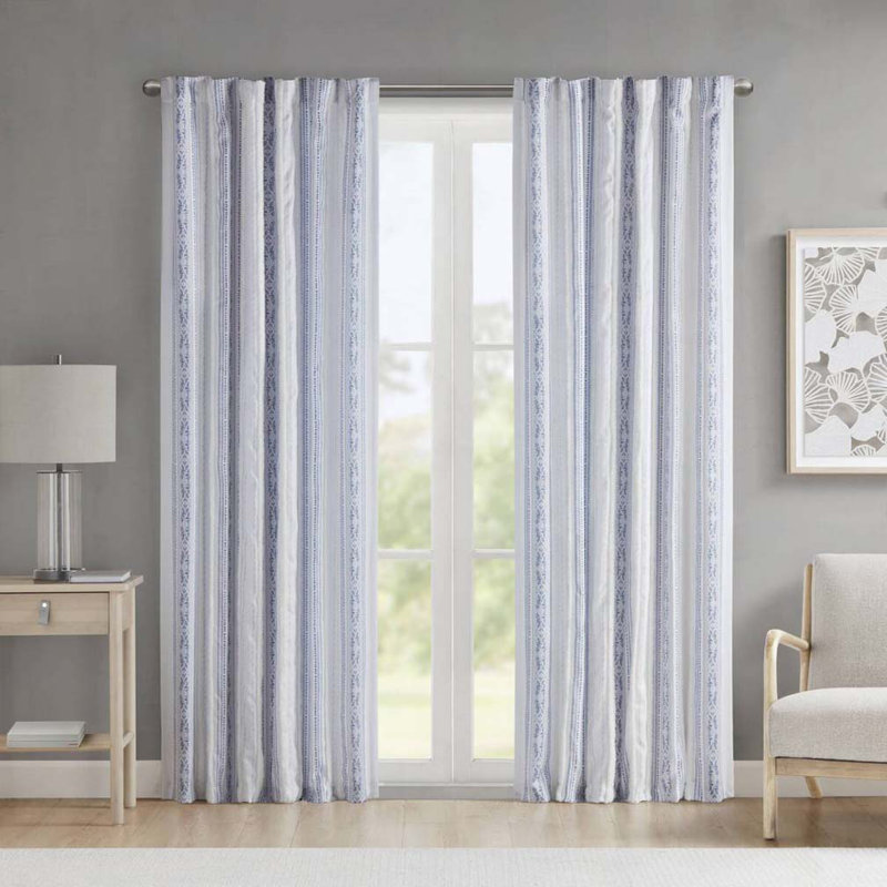 Polyester Curtains,Curtain Panel with Tufted Stripe and Lining, Navy