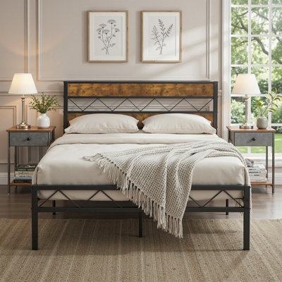 Industrial Bedroom Set, Metal Platform Bed And 2 Nightstands Set, No Box Spring Needed, Easy Assembly