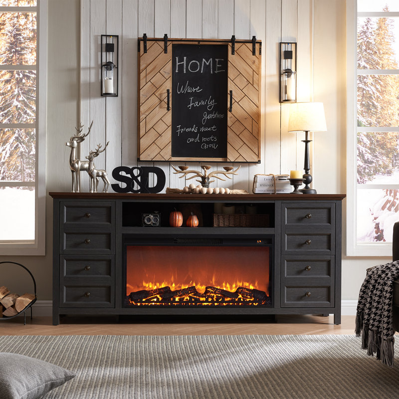 Conogher Farmhouse Fireplace TV Stand with 36" Electric Fireplace for 80 Inch TVs., Dark Gray