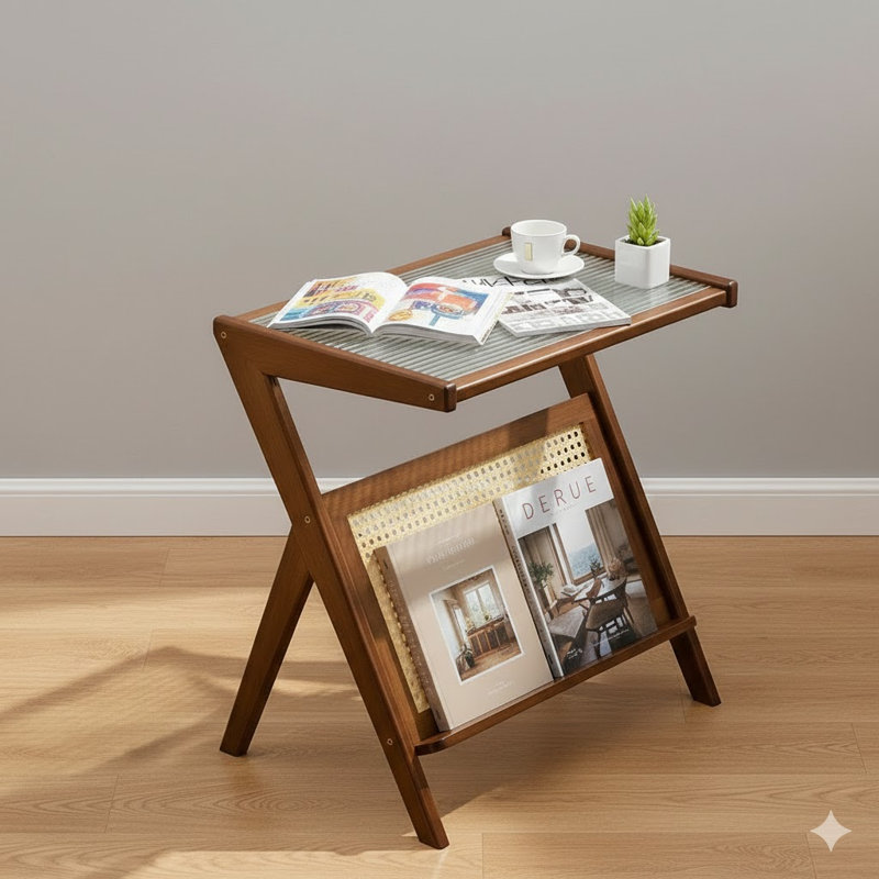 Table de chevet brun en rotin et bambou Boho - Table d'appoint avec rangement en verre pour petit salon et chambre à coucher