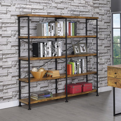 Industrial Double-Wide Bookcase With Sturdy Metal Frame And Four-Tier Shelves, Perfect For Organizing Books And Decorative Accents